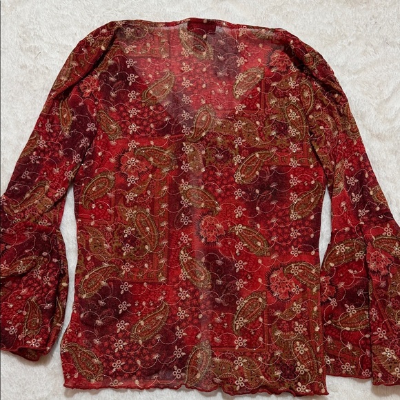 Y2K  Limited Too Sheer Red Paisley Flare Sleeve Blouse - Picture 6 of 6